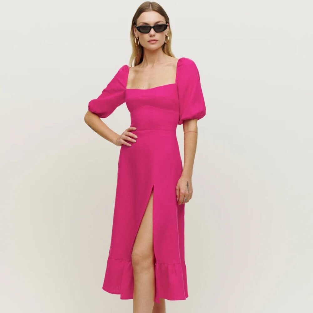 Reformation Belgium Linen Midi Dress in Pink（Corvette）